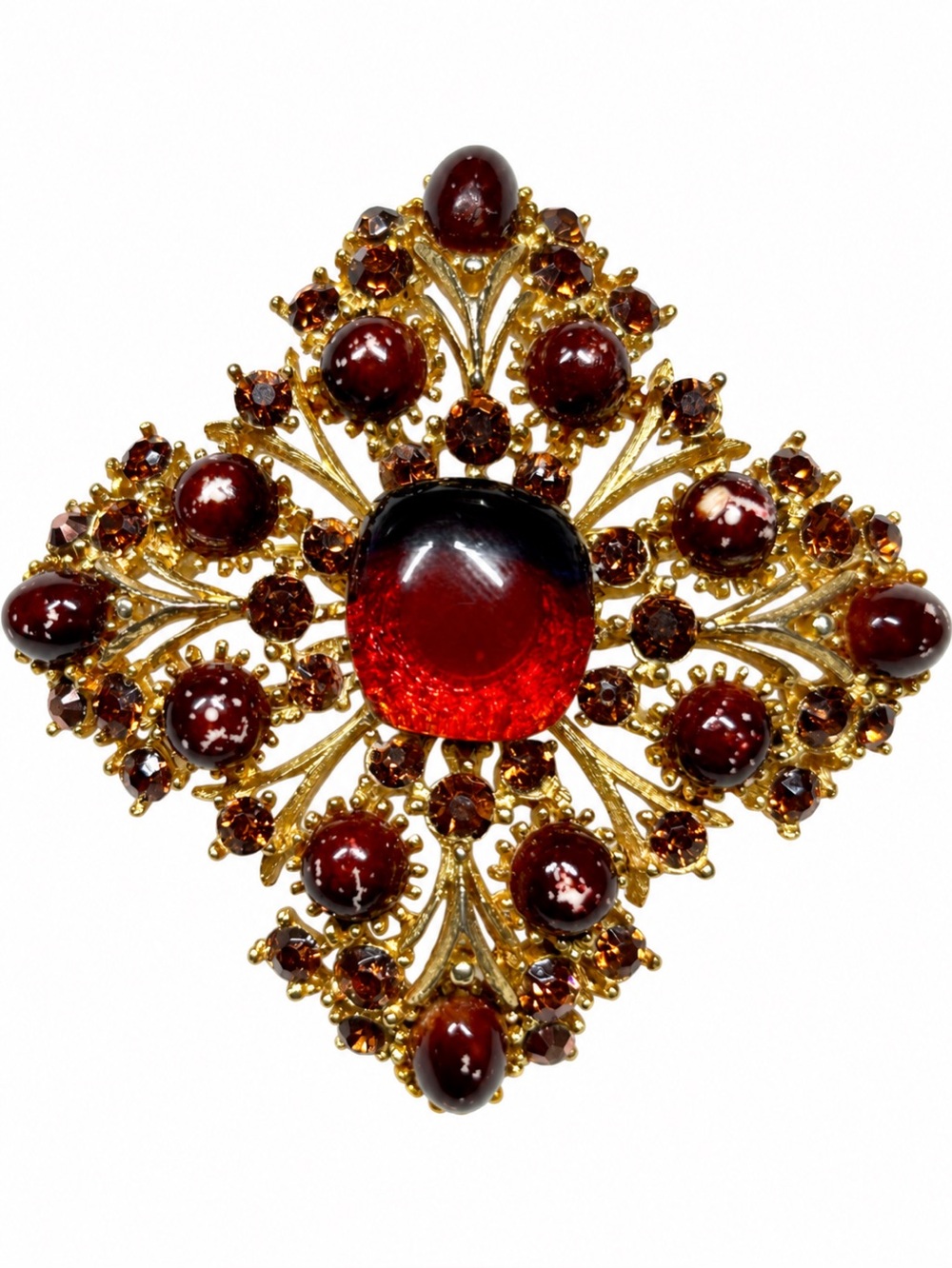 Vintage Signed WEISS Red Cabochon & Amber Rhinestone Brooch (c. 1955–1960)
